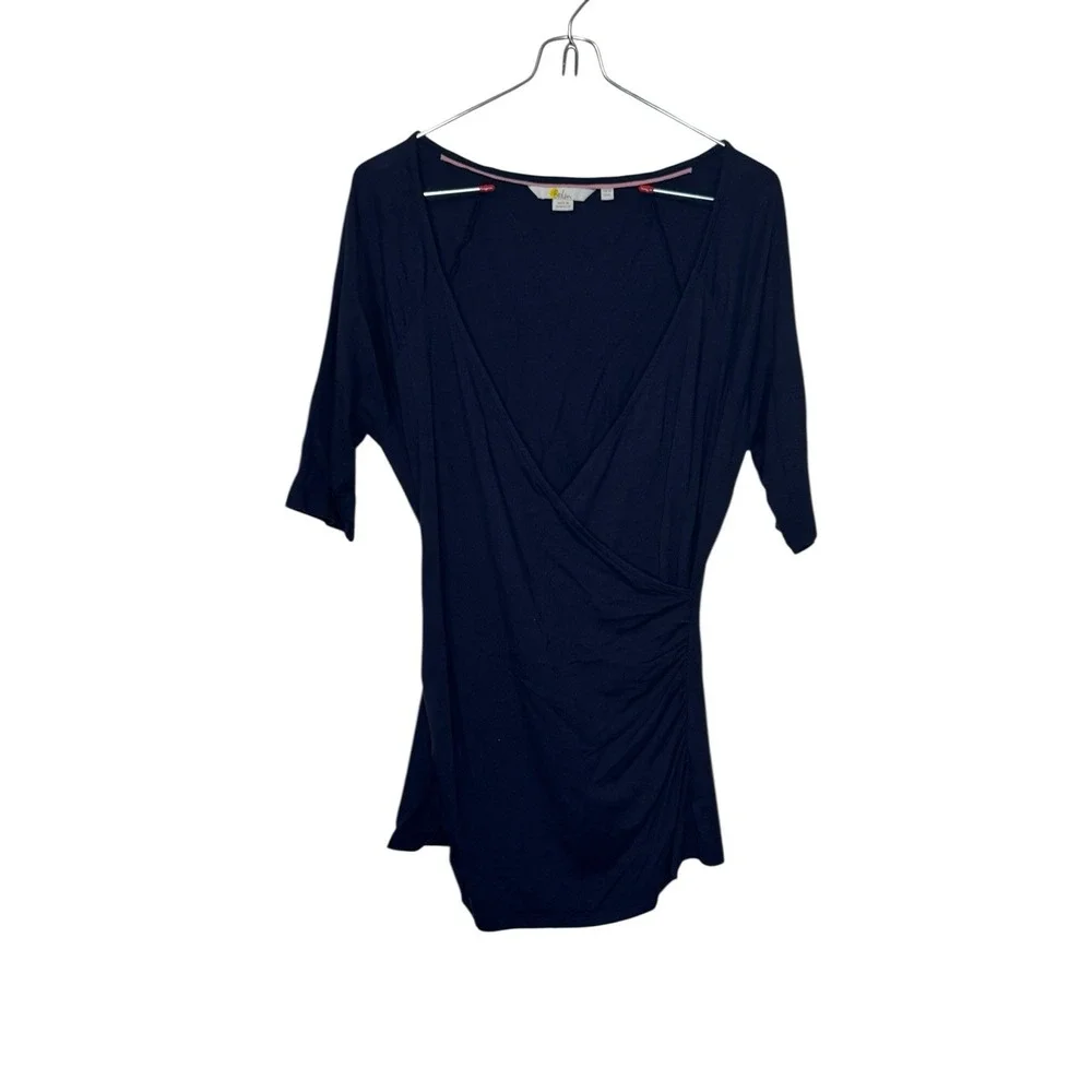 Boden Women's Top Faux Wrap V-Neck 3/4 Sleeve Ruched Stretch Navy Blue Size 6‎